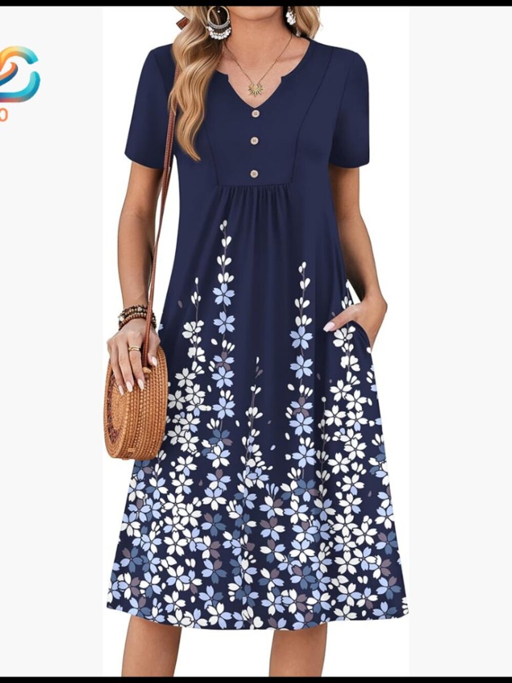 Short Sleeve Midi Dress with Pockets, V-Neck A-Line Casual Sundress